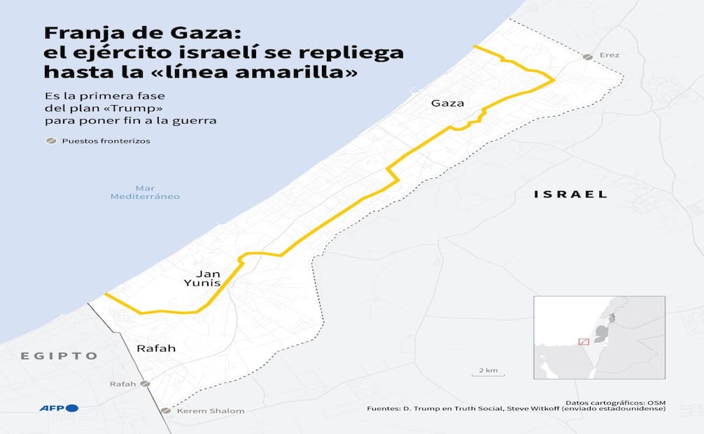Mapa de la Franja de Gaza que muestra la "línea amarilla" tras la cual se replegaron las tropas estadounidenses el 10 de octubre, según el enviado estadounidense Steve Witkoff. Foto: AFP