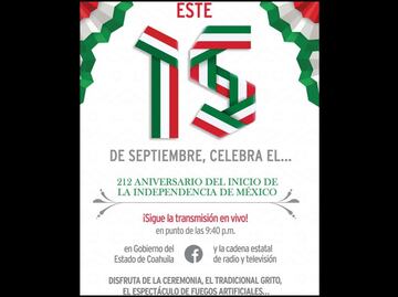 Por tercer año consecutivo, ceremonia del Grito de Independencia se realizará sin gente en Coahuila