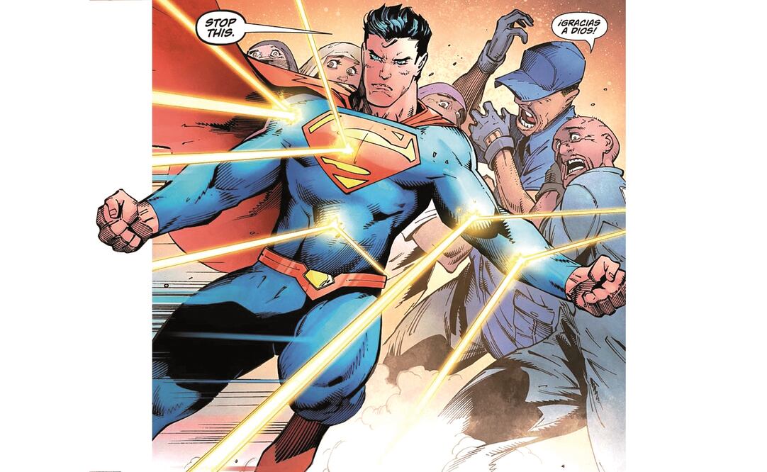 En el más reciente número de Accion Comics, Superman defiende a un grupo de trabajadores indocumentados de un hombre blanco que intenta dispararles porque, dice, le quitaron su trabajo. (TOMADA DE TWITTER)