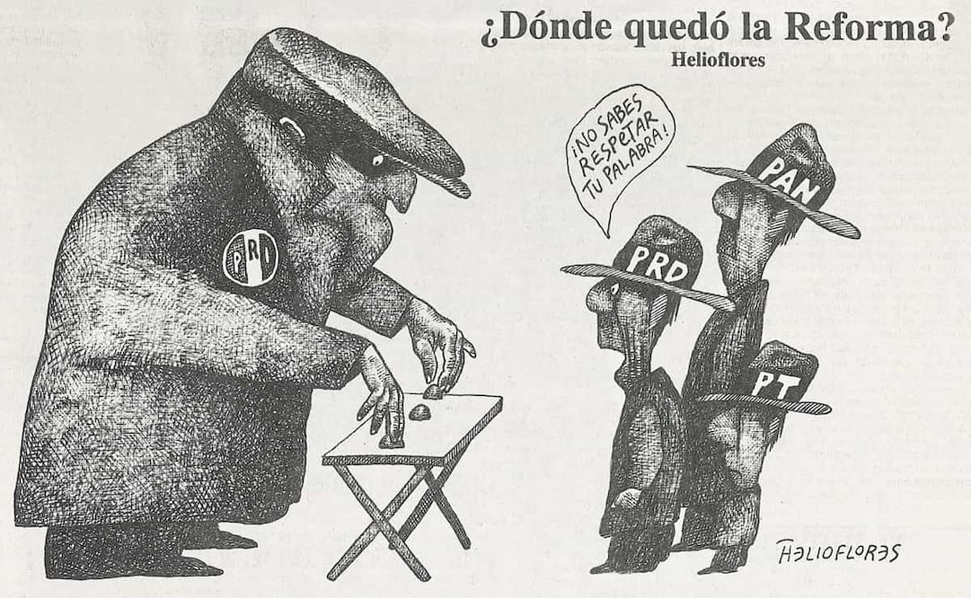 Cartón de Helioflores sobre la reforma electoral, 18 de noviembre de 1996. Según comentó Porfirio Muñoz Ledo como dirigente del PRD, “no se sabe si esta reforma será definitiva, eso el tiempo lo dirá; lo cierto es que se trata del consenso entre partidos más avanzado del que se tenga conocimiento”. Foto: Hemeroteca EL UNIVERSAL.