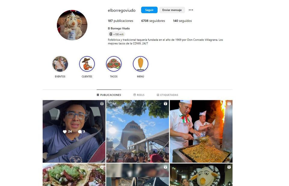 En su cuenta de Instagram la taquería El Borrego Viudo indica que tiene servicio 24/7. / Foto: Instagram