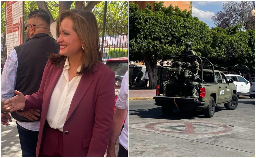Alma Alcaraz y a la izquierda su equipo de seguridad de elementos de la Guardia Nacional y del Ejército que le brindan protección durante sus actividades. Fotos: Xóchitl Álvarez / EL UNIVERSAL