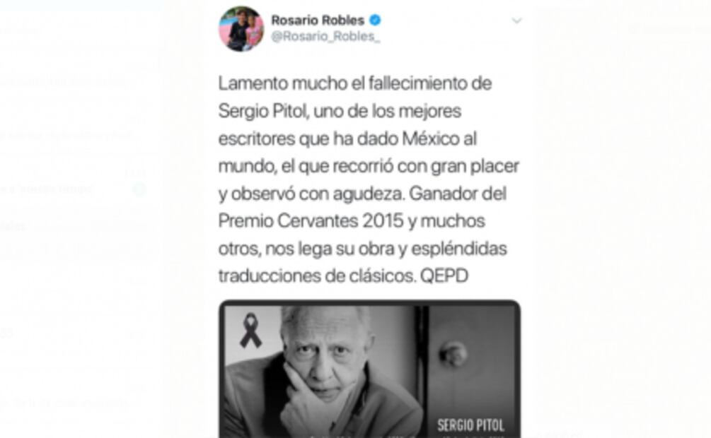 Rosario Robles lamenta muerte de Pitol pero se equivoca en año del Cervantes