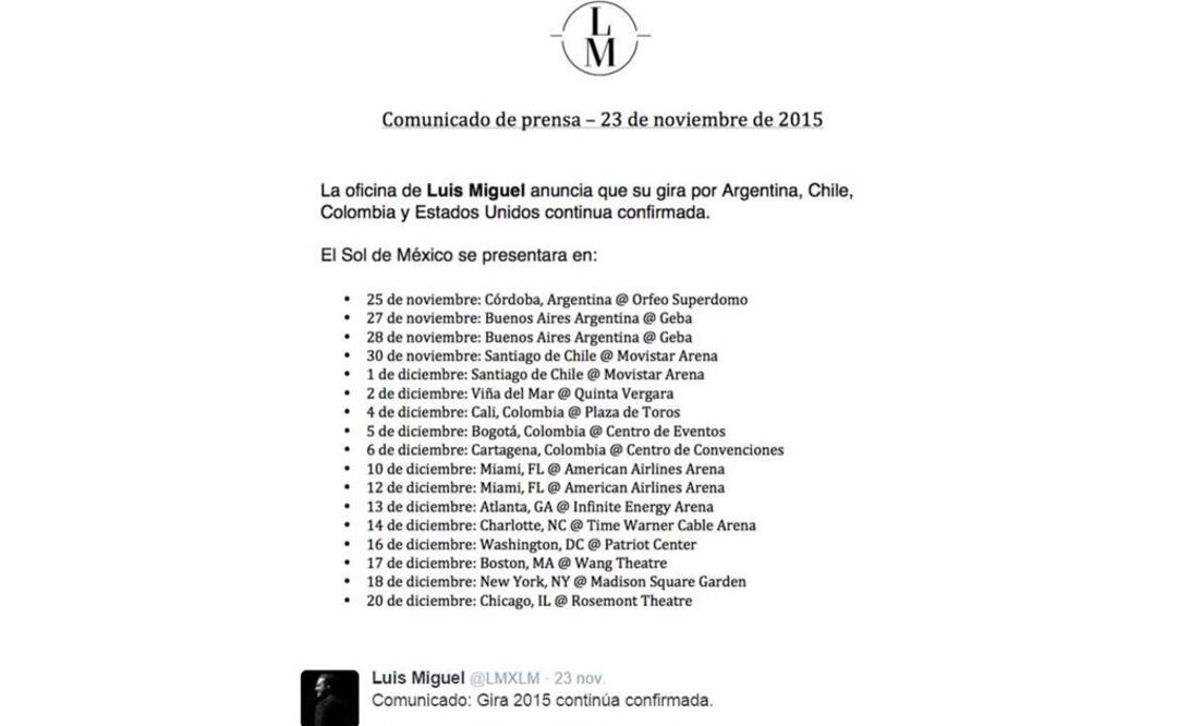 Las fechas fueron confirmadas en su cuenta oficial de Twitter. FOTO: @LMXLM.