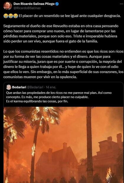 Salinas Pliego lanza dardo a usuaria que celebró incendio en California. Foto: Captura de pantalla