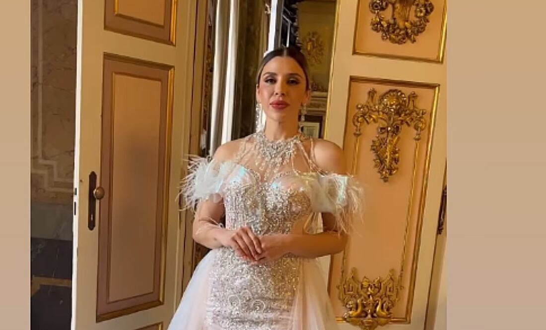 La esposa de “El Chapo” lució un vestido de novia de la colección primavera/verano 2025 y desfiló en el Palacio Serbelloni, lugar emblemático donde vivió Napoleón. Foto: Instagram emmacoronel9oficial