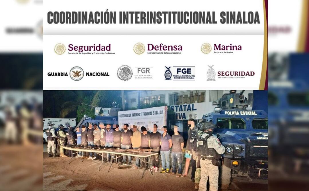 14 integrantes de un grupo armado detenidos en Navolato, Sinaloa. Foto: Especial