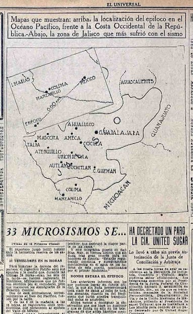 Después de varias dificultades para delimitar el epicentro del sismo que había sacudido a la Ciudad de México, los especialistas junto con el apoyo de fuentes de información de otros estados pudieron ubicar el lugar de origen del terremoto. El 5 de Junio de 1932, El Universal publicó un mapa con la ubicación del epicentro localizado en Océano Pacífico frente a las costas de Colima y Jalisco, un detalle particular de esta plana es que en esos años el punto de origen del sismo se le llamaba “epifoco”. Foto: Hemeroteca El Universal.