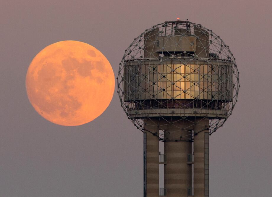 Una noche antes de la Súper Luna, el satélite se alza detrás de la Torre Reunión en Dallas, Texas (Foto: AP)