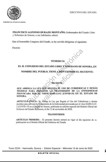 Sonora elimina el uso obligatorio de cubrebocas a partir de hoy