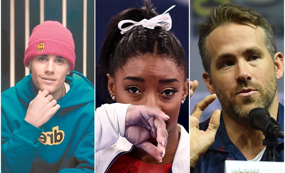 Justin Bieber, Simone Biles, Ryan Reynolds. Fotos: Ap