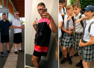 Ante el calor, hombres usan vestidos para protestar contra código de vestimenta