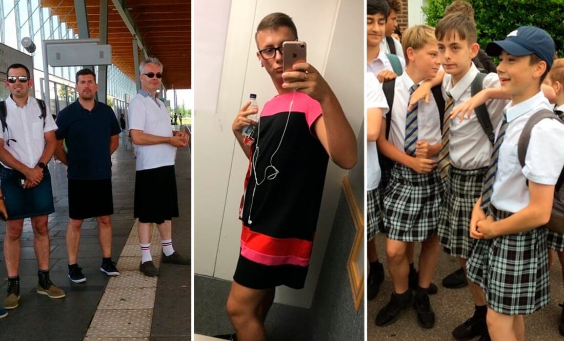 Ante el calor, hombres usan vestidos para protestar contra código de vestimenta