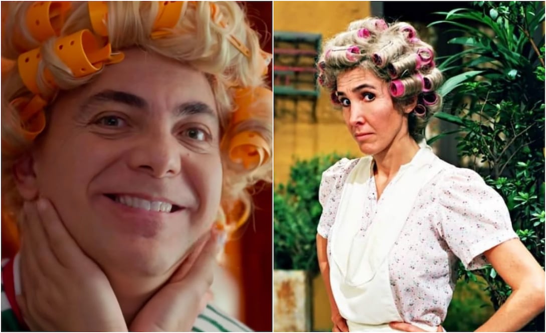 Christian Castro y Florinda Meza, caracterizados como "Doña Florinda", personaje de "El chavo del 8".
Fotos: Instagram