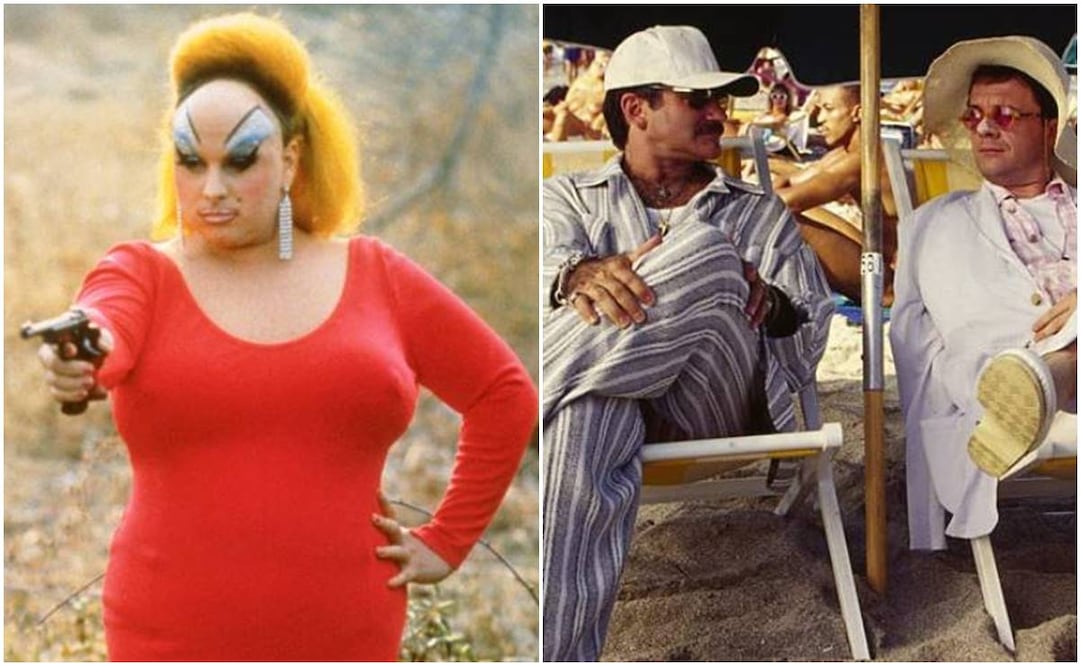 "Pink flamingos" (1972). La película que consagró a Divine como la estrella drag queen por excelencia y "La jaula de las locas" (1996), reversión de la cinta francesa de los setenta, ahora con la actuación de Robin Williams y Nathan Lane. Fotos: IMDB