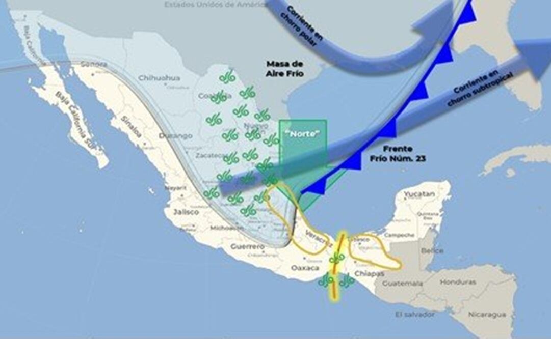 Frente frío 23 provocará lluvias y descensos de temperatura al noreste, oriente y centro del país
