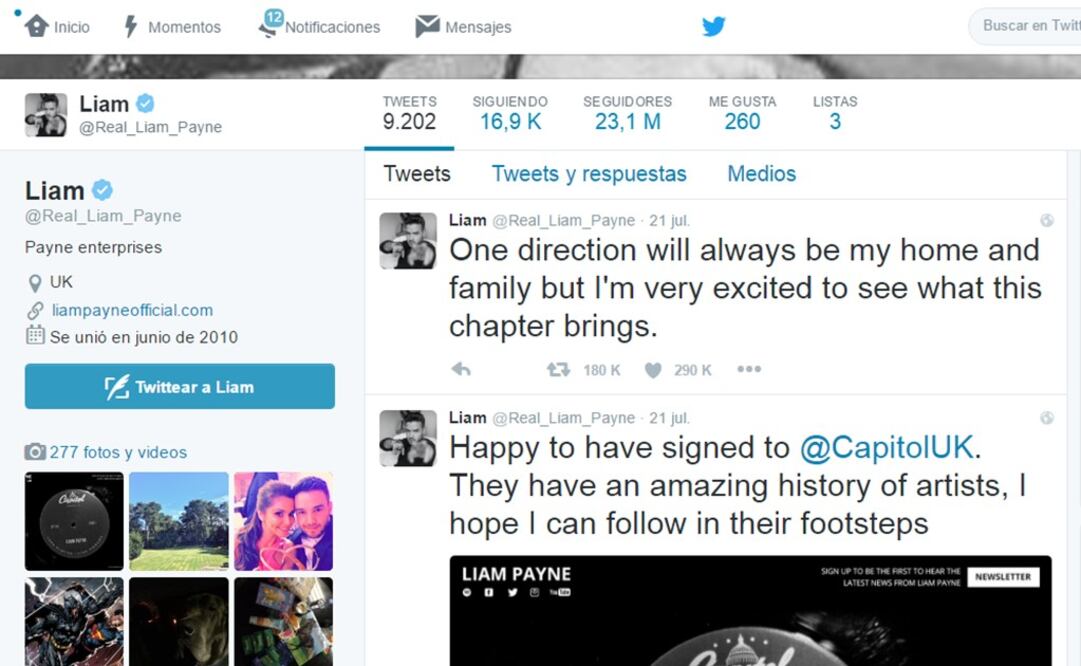 Liam Payne dio la noticia a través de Twitter. (FOTO: Twitter)
