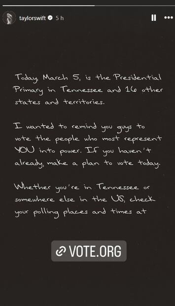 Taylor Swift invita a sus seguidores a votar. Captura vía Instagram.