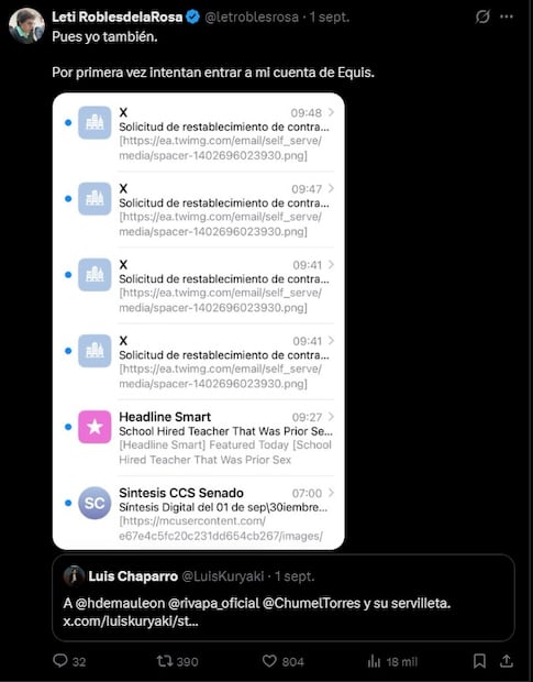 Leti Robles de la Rosa denuncia intento de hackeo en su cuenta de X. Foto: Captura de pantalla