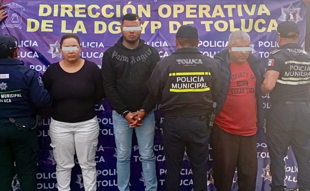 Fueron detenidos Edmundo “N”, María Alejandra “N” y Justo “N”, presuntos extorsionadores bajo el esquema "gota a gota". (11/07/2025). Foto: Especial