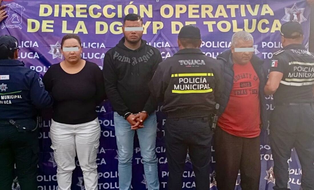 Fueron detenidos Edmundo “N”, María Alejandra “N” y Justo “N”, presuntos extorsionadores bajo el esquema "gota a gota". (11/07/2025). Foto: Especial