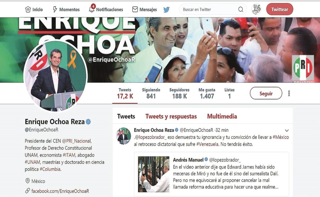 Pleito en la red. Luego de que Andrés Manuel López Obrador tuiteara sobre cancelar la reforma educativa, Enrique Ochoa Reza le dijo que llevará a México al retroceso. (TOMADA DE TWITTER)