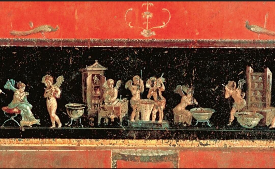 Fresco pompeyano donde se refleja las partes del proceso de producción de perfumes. Foto: Universidad de Granada