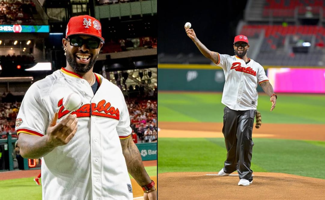 El ex ligamayorista José Reyes lanzó la primera bola del juego inaugural de la LMB 2026 entre Diablos Rojos y Piratas. FOTO: @diablosrojosmx