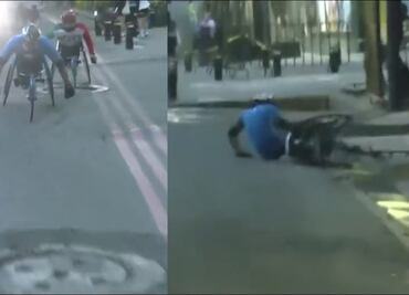 Competidor del Maratón CDMX en silla de ruedas sufre aparatosa caída por culpa de una coladera