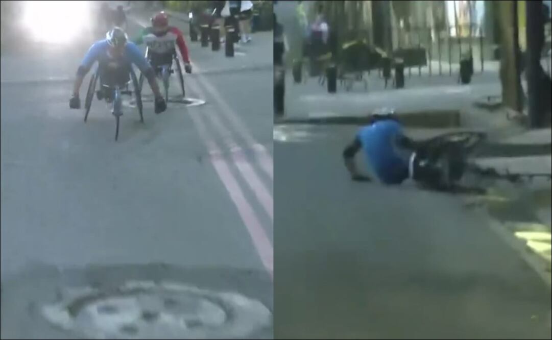 Competidor del Maratón CDMX en silla de ruedas sufre aparatosa caída por culpa de una coladera - Foto: Captura de pantalla
