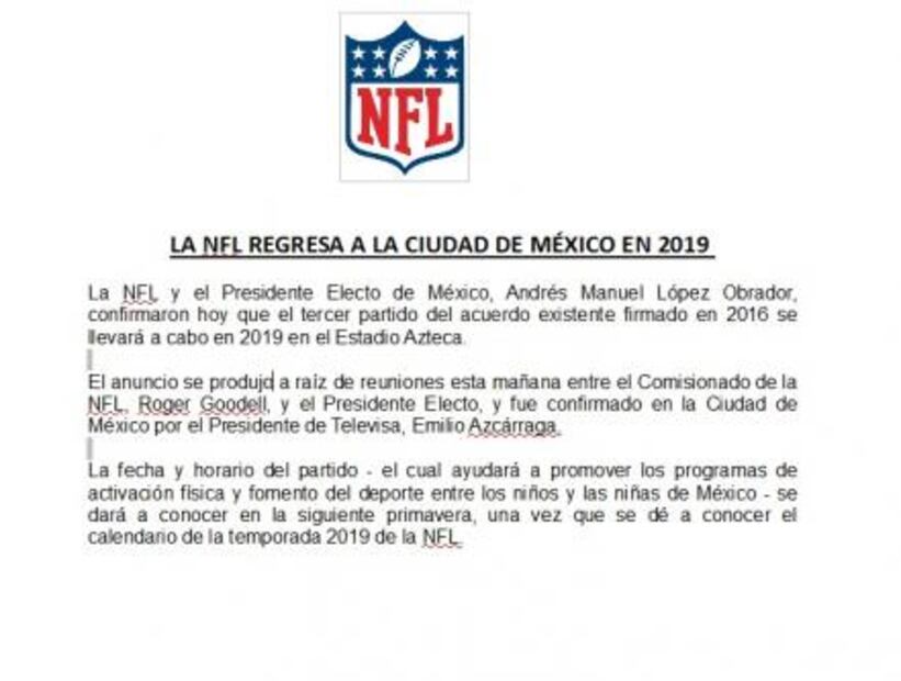 La NFL regresará a México en 2019