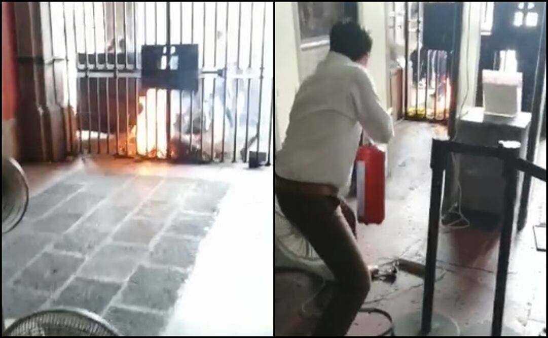 Personal de seguridad roció líquido extintor para sofocar el fuego. Fotos: Especiales