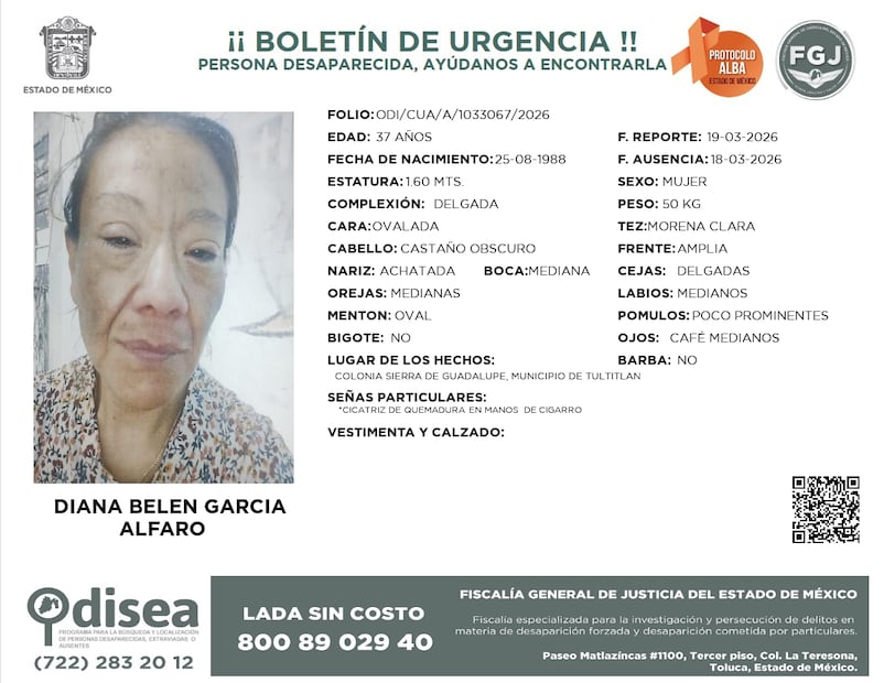 Boletín de búsqueda de Diana Belén. Foto: FGJEM