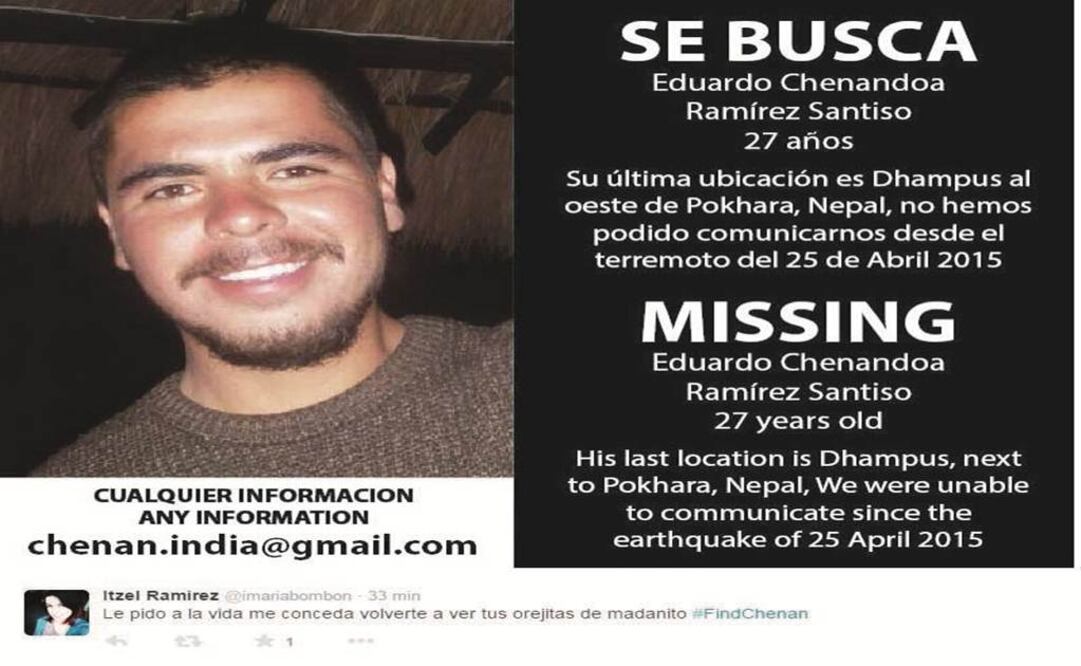 Eduardo Chenandoa se encontraba en Nepal al momento del sismo. Su familia no ha podido contactarlo todavía, ni la SRE tampoco