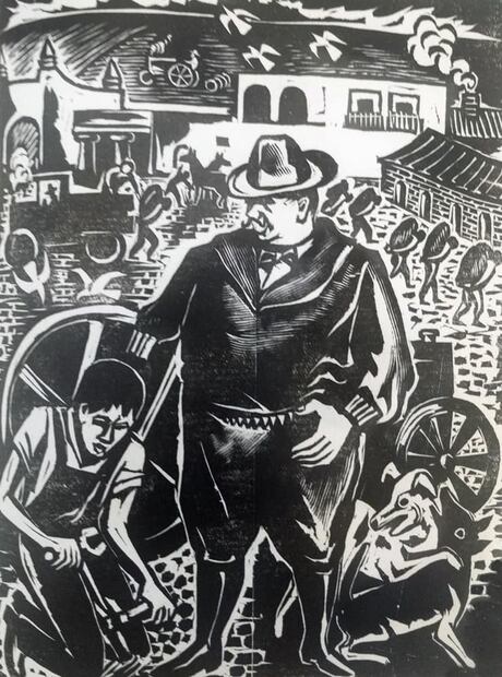 Grabado de Leopoldo Méndez para “Corridos de la Revolución”, con la explotación obrera y agraria. Foto: Corridos de la Revolución/ESPECIAL.