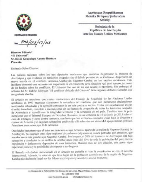 Carta de la embajada de la República de Azerbaiyán en México