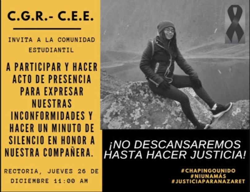 Alistan protesta en rectoría de Chapingo por feminicidio de Nazaret Bautista