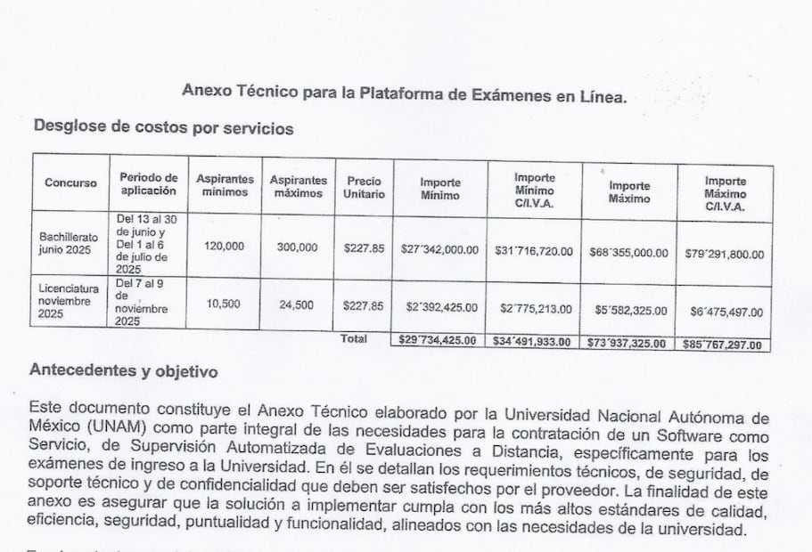 El monto máximo para el servicio de exámenes nIvel bachillerato se estableció en 79 millones de peso. Foto: captura de pantalla