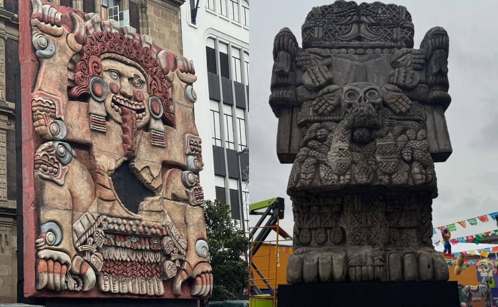 Tlaltecuhtli (izquierda) y Coatlicue (derecha) dan la bienvenida al Fan Fest en el Zócalo de la CDMX (09/06/2026). Foto: Especial