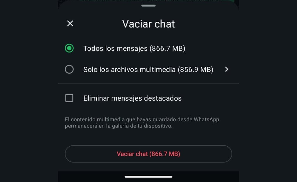 Truco para borrar archivos de los chats de WhatsApp y liberar espacio. Imagen: captura de pantalla