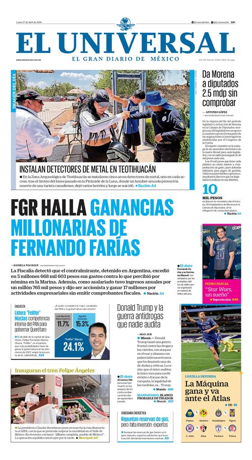 El Universal Front Page - April 27, 2026