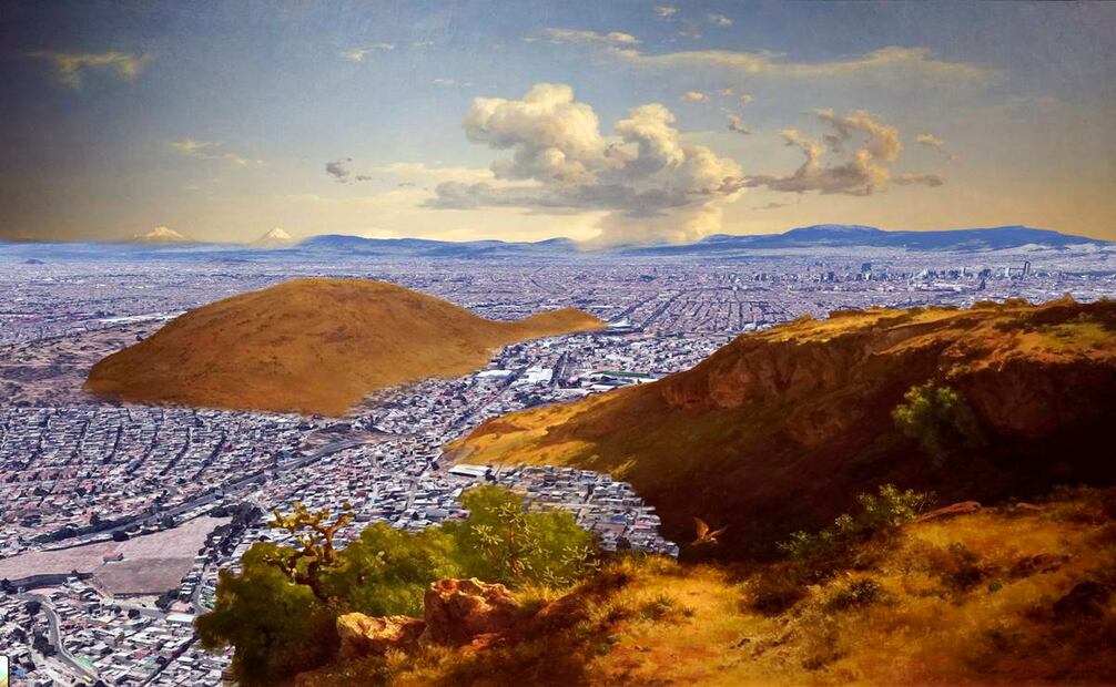 En este caso, el montaje de Bautista Neumann conjugó “Valle de México desde el Cerro de Santa Isabel” (1877) con la zona donde hoy se ubica la colonia Lomas de San Juan Ixhuatepec, al oriente del cerro de Zacatenco. Imagen: Emiliano Bautista Neumann.