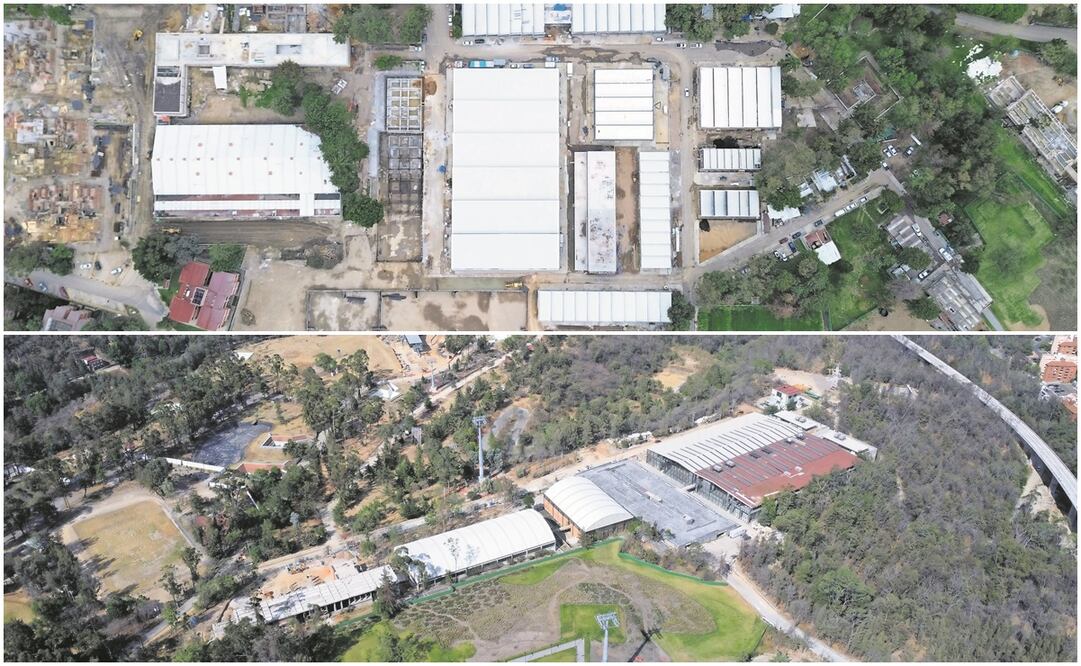 Dos fotografías aéreas, con tres meses de diferencia, en las que se contrasta el estado de las naves y espacios que se han ido construyendo en la Bodega Nacional de Arte. Si bien pueden notarse cambios y avances en la estructura, las obras aún están lejos de encontrarse en condiciones últimas para ser entregadas como se prometieron. Foto: Diego Prado / EL UNIVERSAL