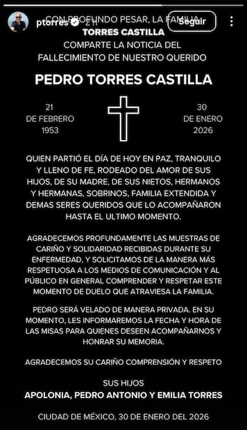 A través de un comunicado se da a conocer la muerte del productor mexicano Pedro Torres.