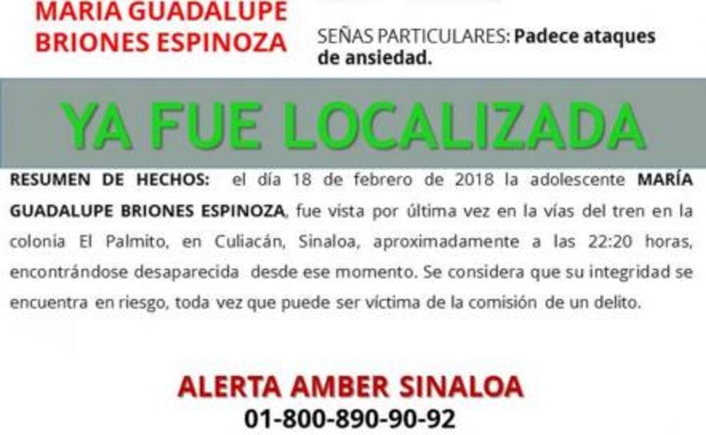 Aparece menor extraviada el pasado febrero en Sinaloa 