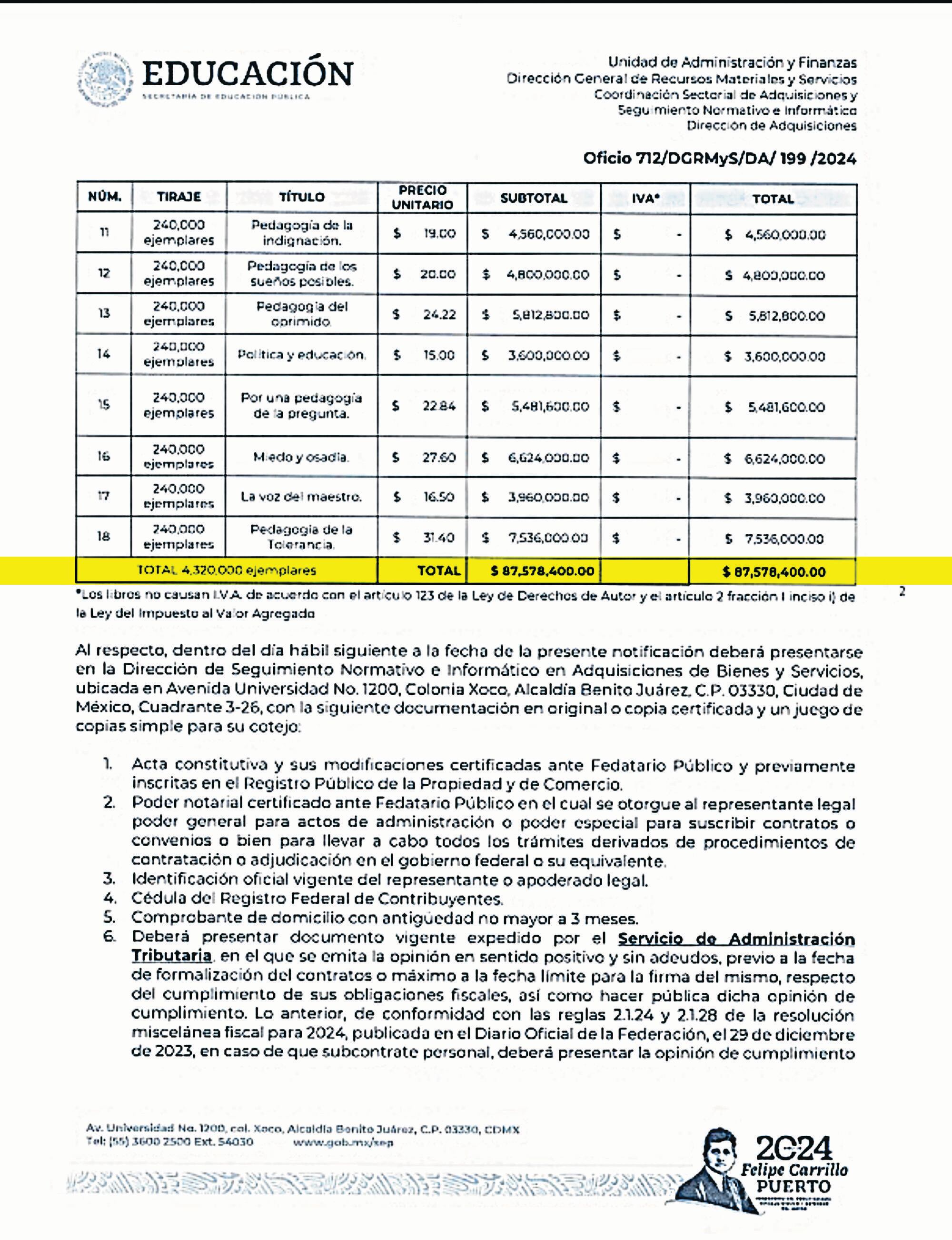 En el contrato se indica que la colección adquirida por la SEP “se integrará con el propósito de enriquecer los recursos disponibles para la comunidad educativa de educación básica”.