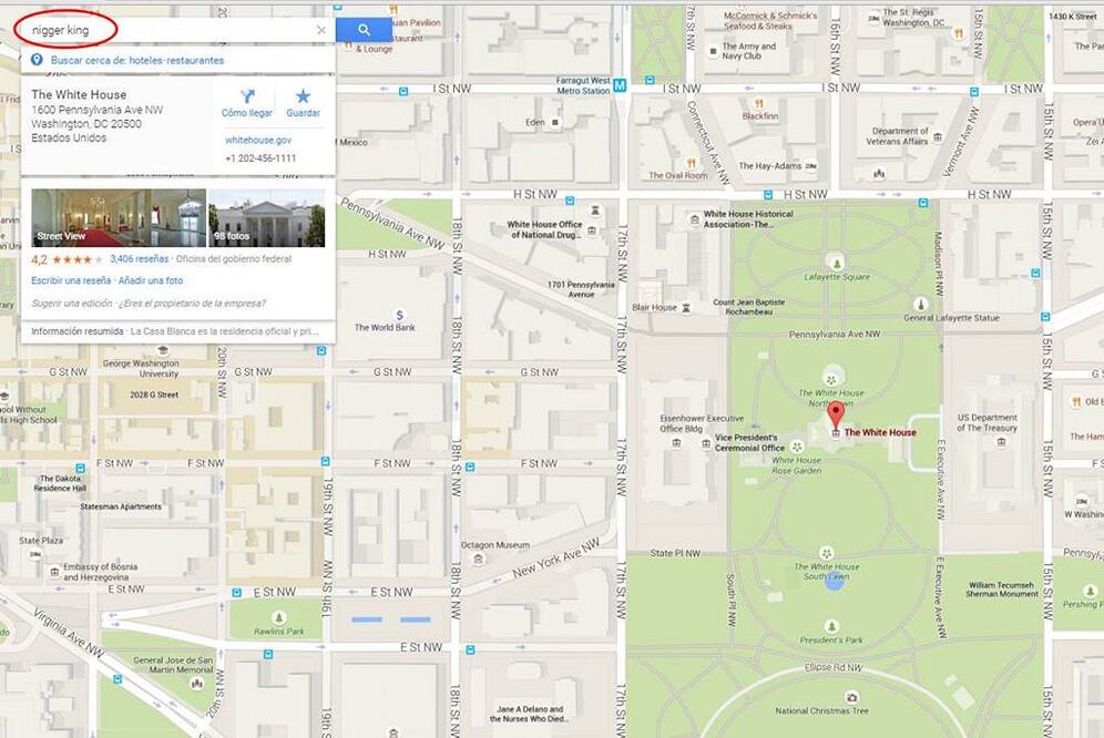 Otra pifia de Google Maps; término racista dirige a Casa Blanca