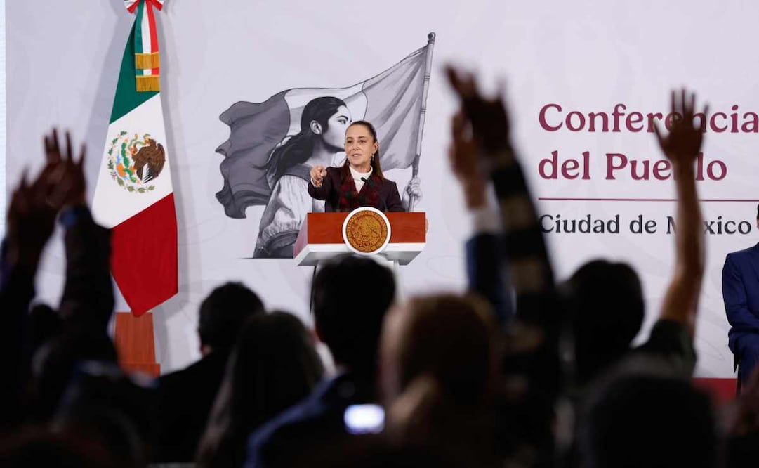 La presidenta Claudia Sheinbaum durante la mañanera del 8 de diciembre del 2025. Foto: Diego Simón / EL UNIVERSAL