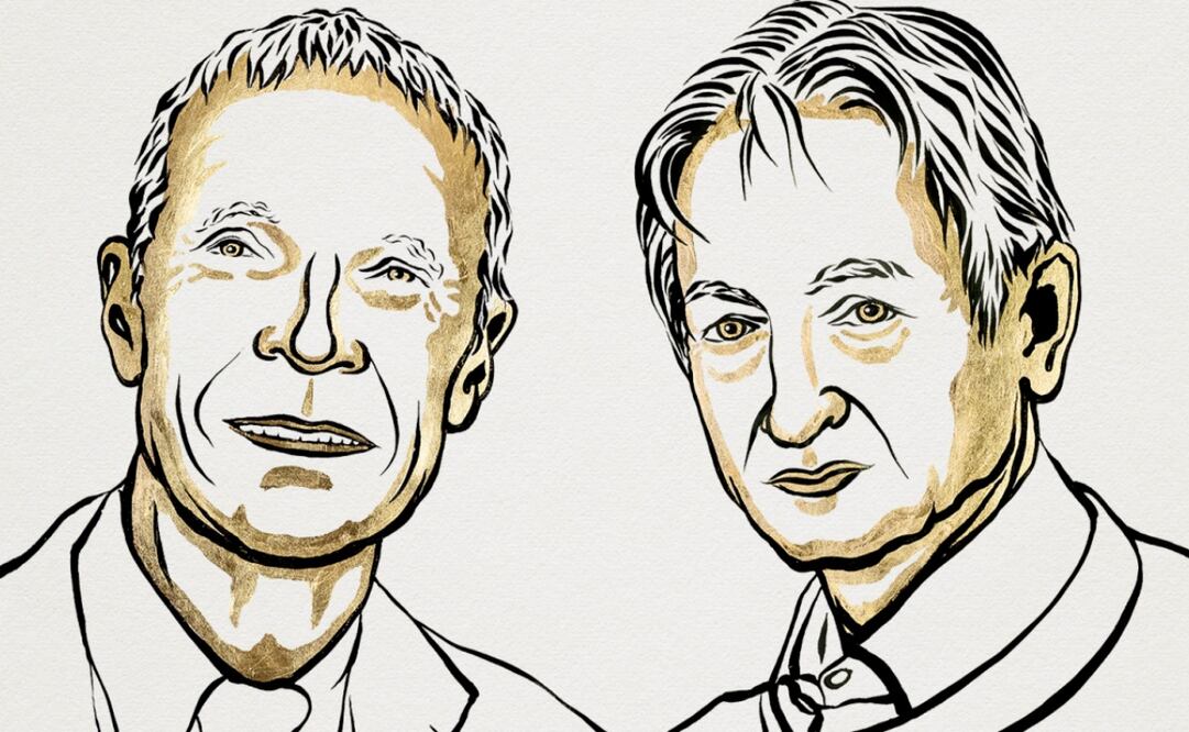 John J. Hopfield y Geoffrey E. Hinton, ganadores del Premio Nobel de Física 2024. Ilustración: Niklas Elmehed
