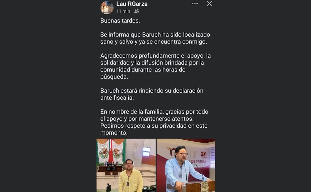 Localizan con vida al periodista Baruch Alejandro en Reynosa; familia pide respeto a su privacidad.
Foto: Especial.